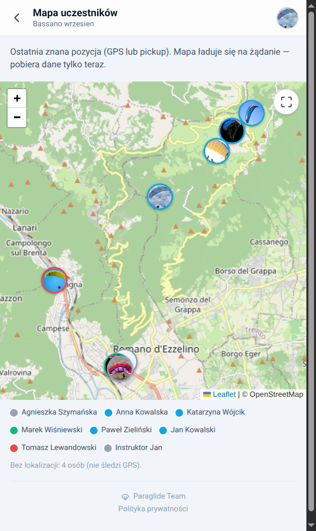 Mapa z pozycjami uczestników