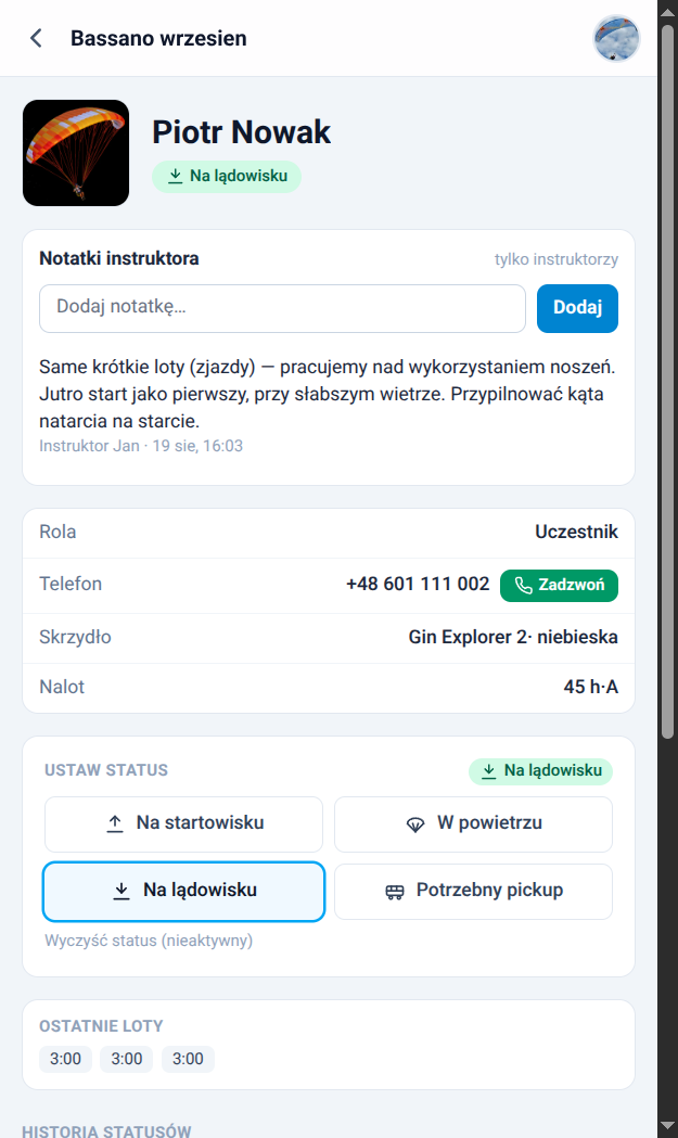 Szczegółowa karta pilota z notatkami i historią