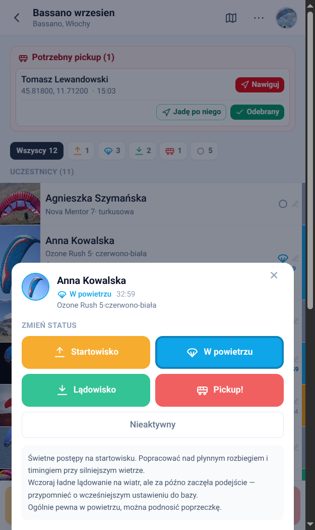 Arkusz szybkiej zmiany statusu pilota